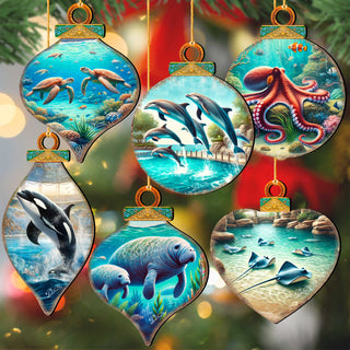 Ocean & Marine Life Eco Wood Christmas Ornaments Set of 12 – Handcrafted Coastal Décor by G.DeBrekht - 8610105-S12