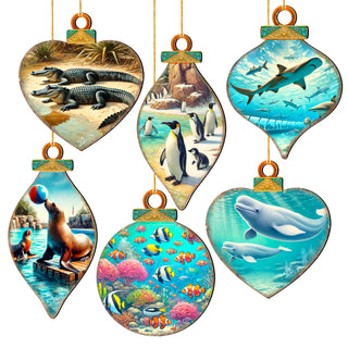 Ocean & Marine Life Eco Wood Christmas Ornaments Set of 12 – Handcrafted Coastal Décor by G.DeBrekht - 8610105-S12