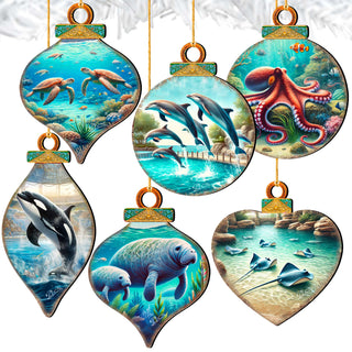 Ocean & Marine Life Eco Wood Christmas Ornaments Set of 12 – Handcrafted Coastal Décor by G.DeBrekht - 8610105-S12