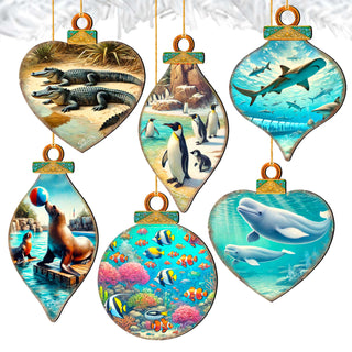 Ocean & Marine Life Eco Wood Christmas Ornaments Set of 12 – Handcrafted Coastal Décor by G.DeBrekht - 8610105-S12