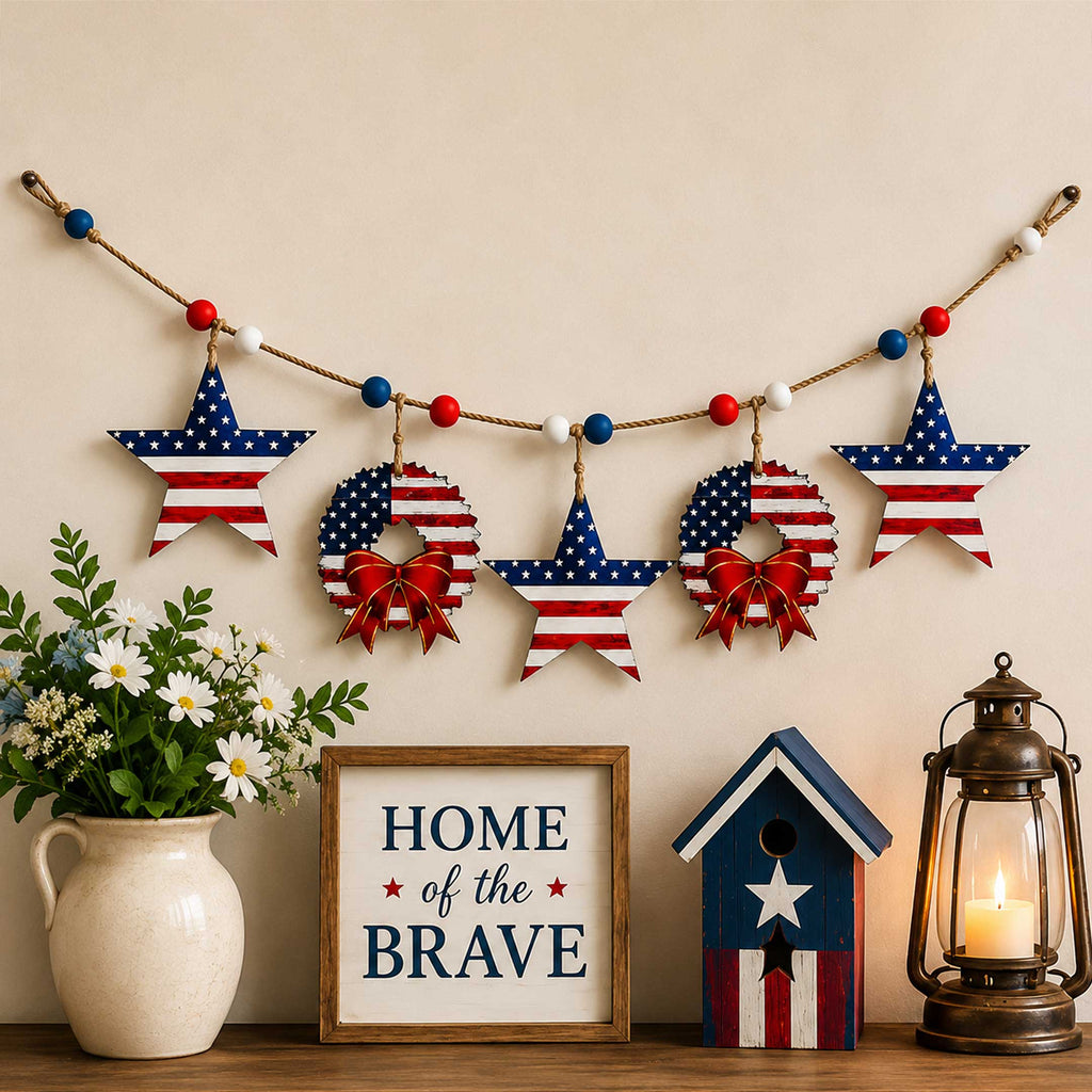 a patriotic display with a garland of stars and wreaths, a framed sign that reads