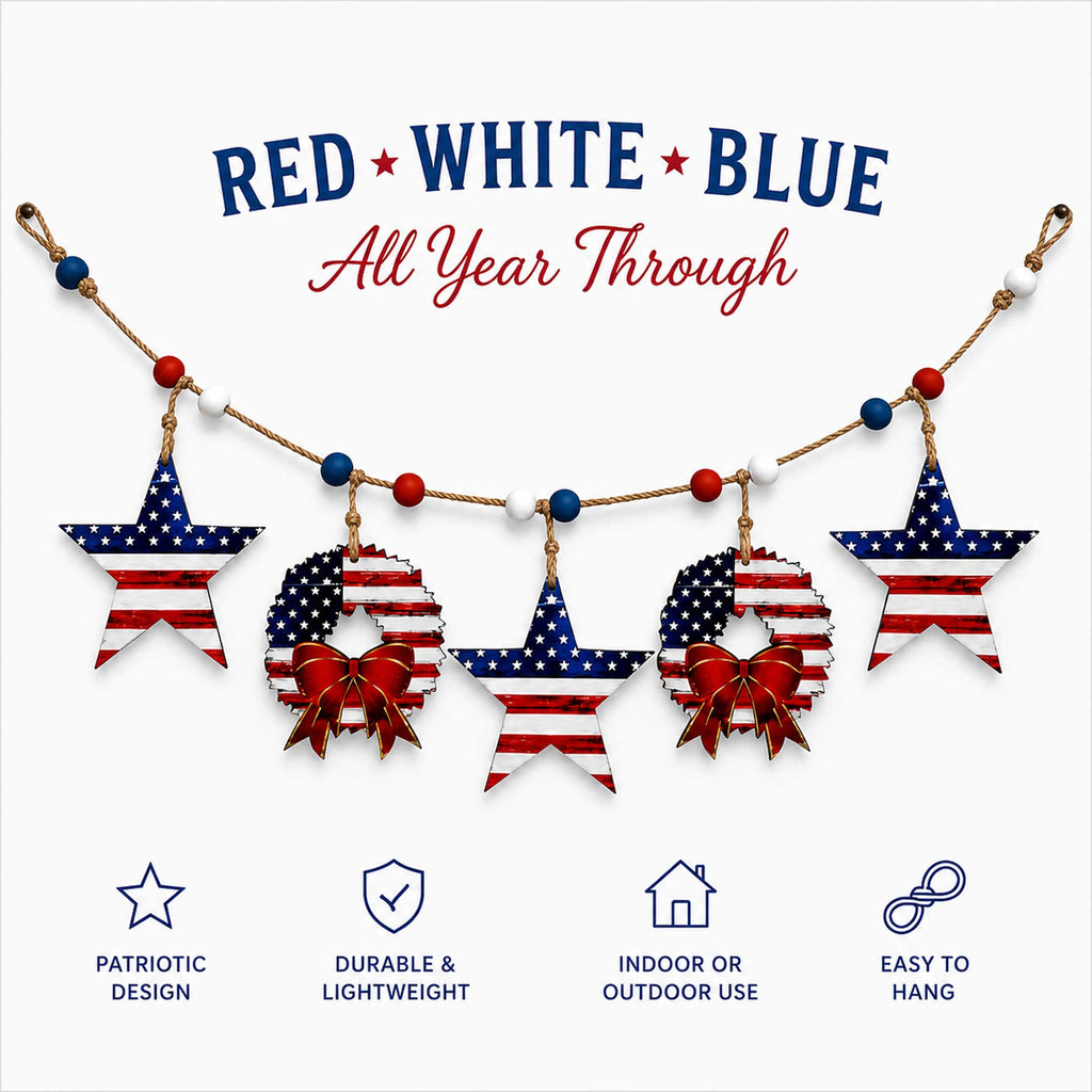 a patriotic design with red, white, and blue elements, including stars, wreaths, and bows. The text