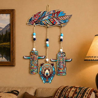 Woodland Bear & Totem Wooden Wall Hanger with Feather Design – Rustic Lodge Décor – 862103-S4