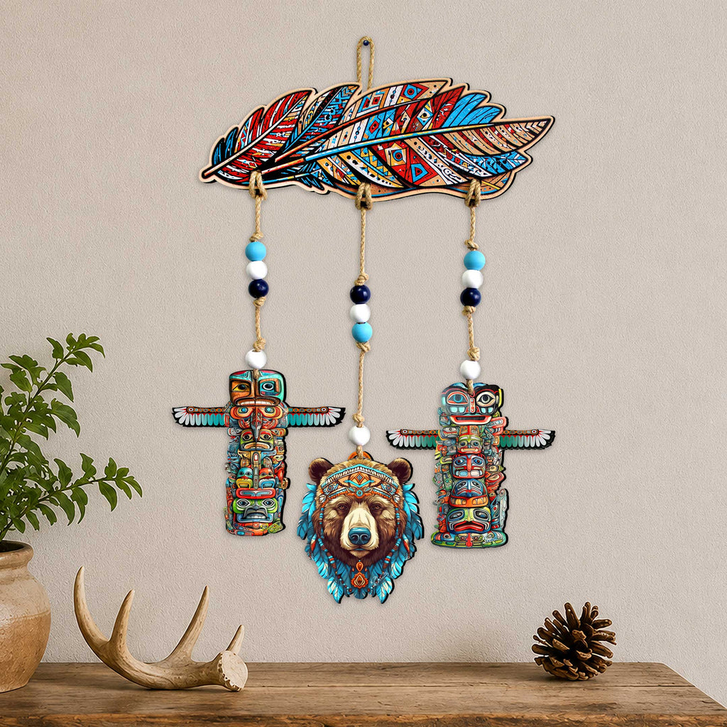 Woodland Bear & Totem Wooden Wall Hanger with Feather Design – Rustic Lodge Décor – 862103-S4