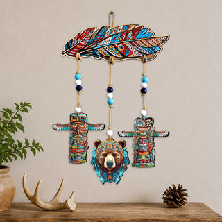 Woodland Bear & Totem Wooden Wall Hanger with Feather Design – Rustic Lodge Décor – 862103-S4