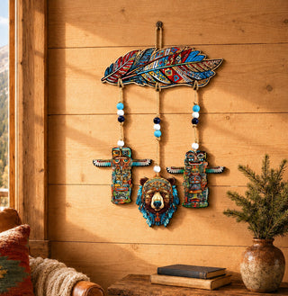 Woodland Bear & Totem Wooden Wall Hanger with Feather Design – Rustic Lodge Décor – 862103-S4