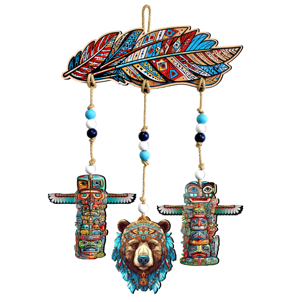 Woodland Bear & Totem Wooden Wall Hanger with Feather Design – Rustic Lodge Décor – 862103-S4