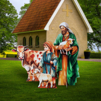 Life-Size Shepherds with Ox Outdoor - 3-Piece Set – Handcrafted Christmas Yard Display by G. DeBrekht - Nativity Holiday Decor - 8621038-3F-S3-XXLG