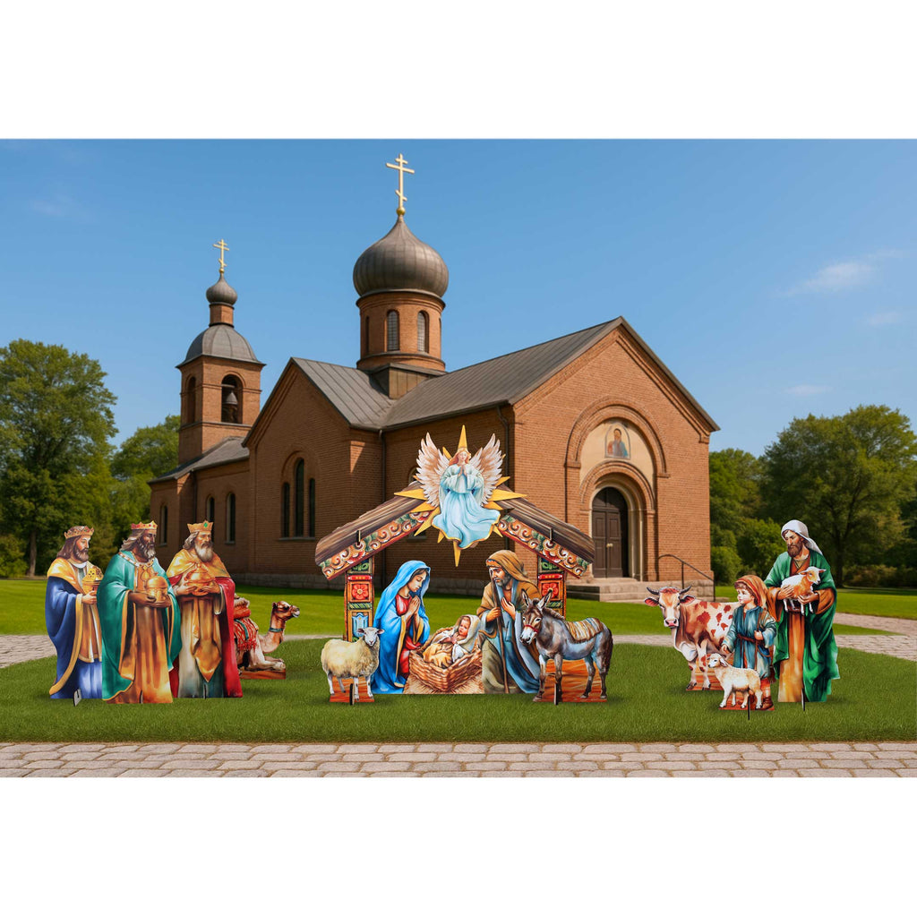 Life-Size Handcrafted Outdoor Nativity Set - Holy Family, Three Kings with Camel, and Shepherds with Ox Scenes - Christmas Yard Display by G. DeBrekht - 8621038F-XXLG