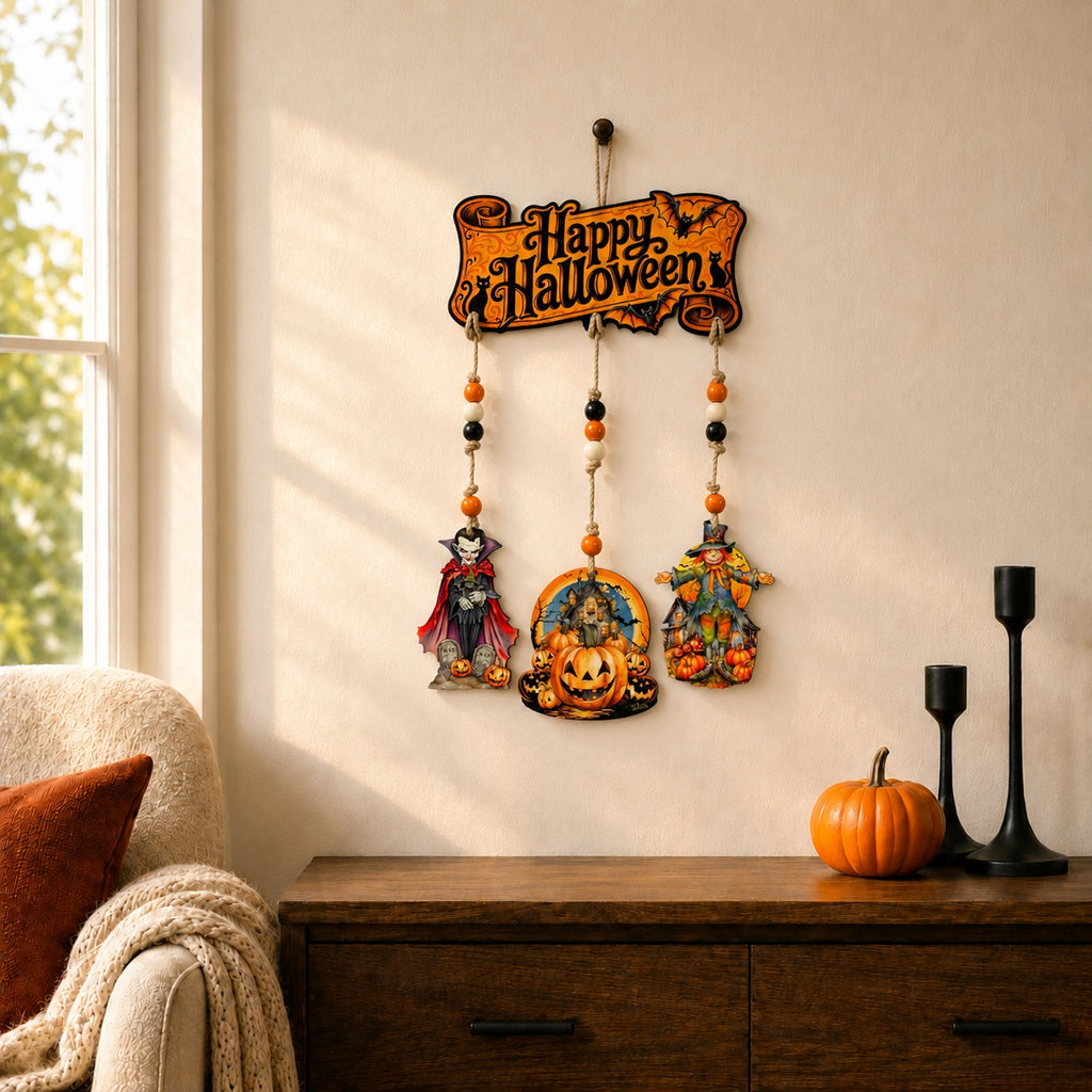 Happy Halloween Wooden Wall Hanger with 3 Hanging Decorations – Handcrafted Halloween Décor – 862104-S4