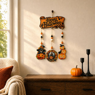 Happy Halloween Wooden Wall Hanger with 3 Pumpkin Decorations – Handcrafted Halloween Décor – 862105-S4