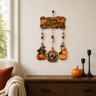 Happy Halloween Wooden Wall Hanger with 3 Pumpkin Decorations – Handcrafted Halloween Décor – 862105-S4