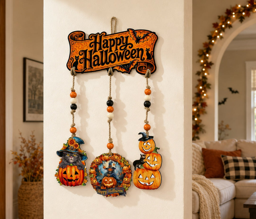 Happy Halloween Wooden Wall Hanger with 3 Pumpkin Decorations – Handcrafted Halloween Décor – 862105-S4