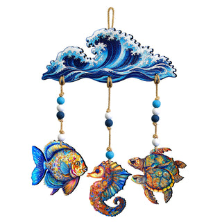Ocean Wave Wooden Wall Hanger with Fish, Seahorse & Sea Turtles – Coastal Décor – 862106-S4