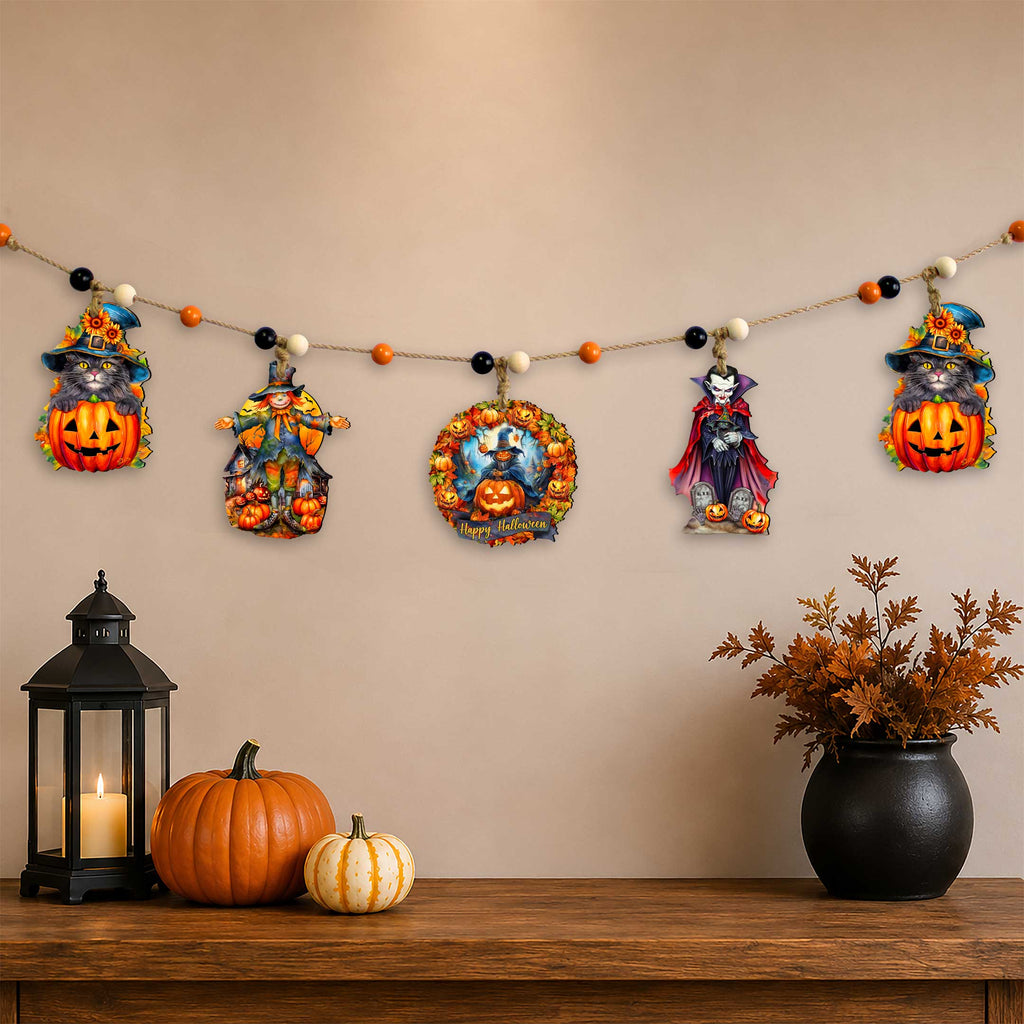 Halloween Wooden Garland with 5 Hanging Decorations – Black Cat, Scarecrow, Pumpkin & Vampire – 862108-S5