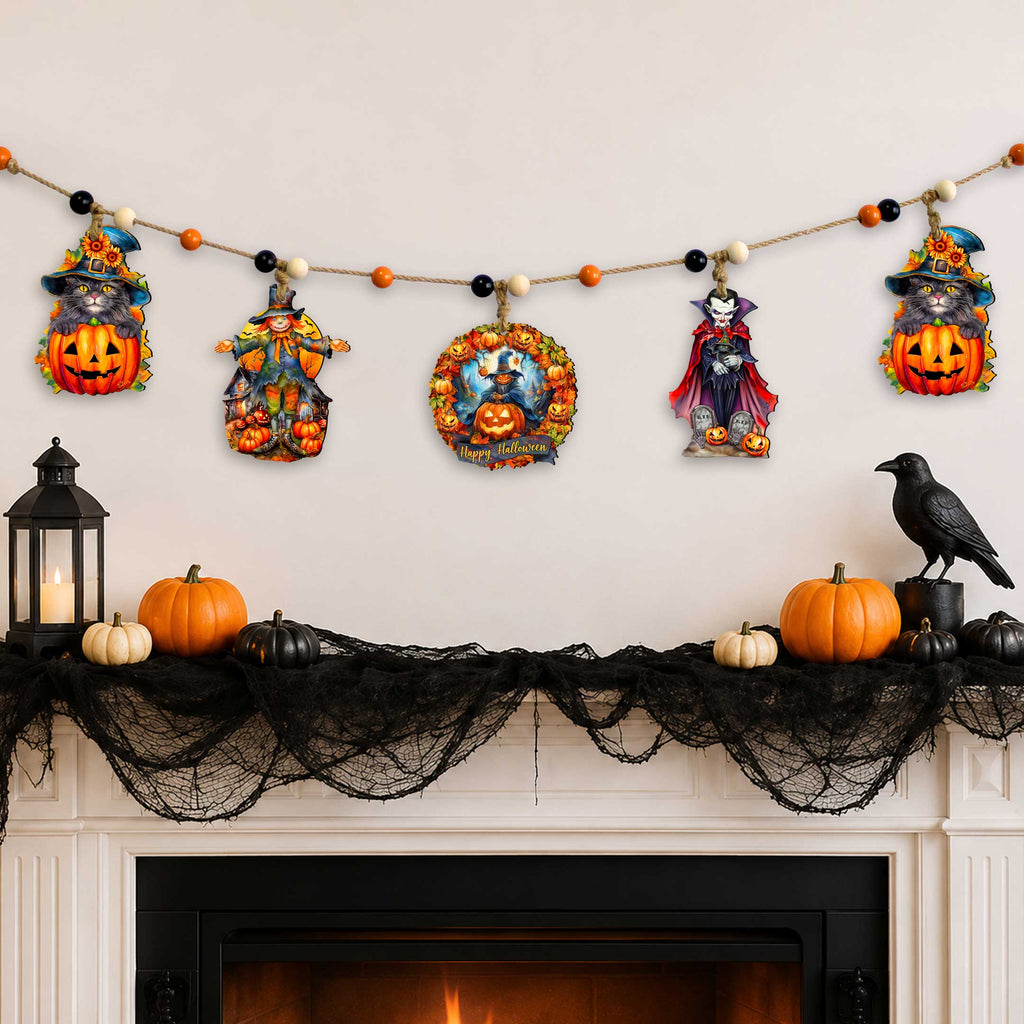 Halloween Wooden Garland with 5 Hanging Decorations – Black Cat, Scarecrow, Pumpkin & Vampire – 862108-S5