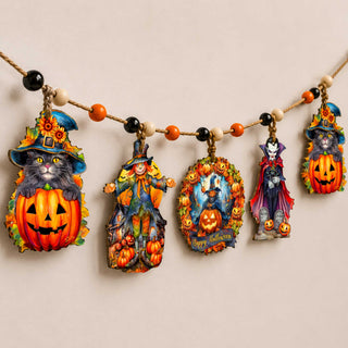 Halloween Wooden Garland with 5 Hanging Decorations – Black Cat, Scarecrow, Pumpkin & Vampire – 862108-S5