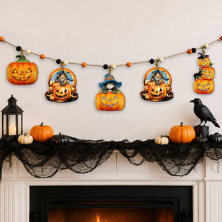 Jack-O’-Lantern Halloween Wooden Garland with 5 Hanging Pumpkin Decorations – 862109-S5