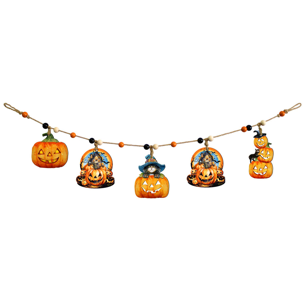 Jack-O’-Lantern Halloween Wooden Garland with 5 Hanging Pumpkin Decorations – 862109-S5