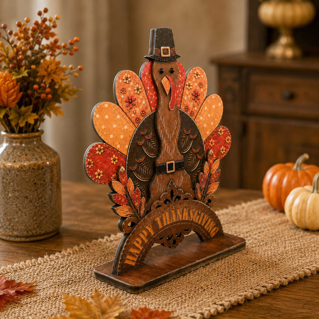 Happy Thanksgiving Turkey Wooden Tabletop Decoration – Fall Harvest Décor by G. Debrekht – 862110