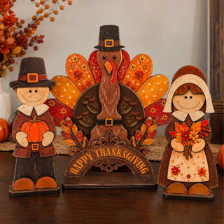 Thanksgiving Pilgrim Couple and Turkey Wooden Tabletop Decoration Set of 3 – Harvest Fall Décor by G. Debrekht - 862112-OP-S3