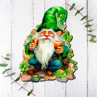 St. Patrick’s Day Gnome Door Hanger – Irish Leprechaun Green Door Decor – Handcrafted Wooden Holiday Wall Art by G. DeBrekht – 8652778H