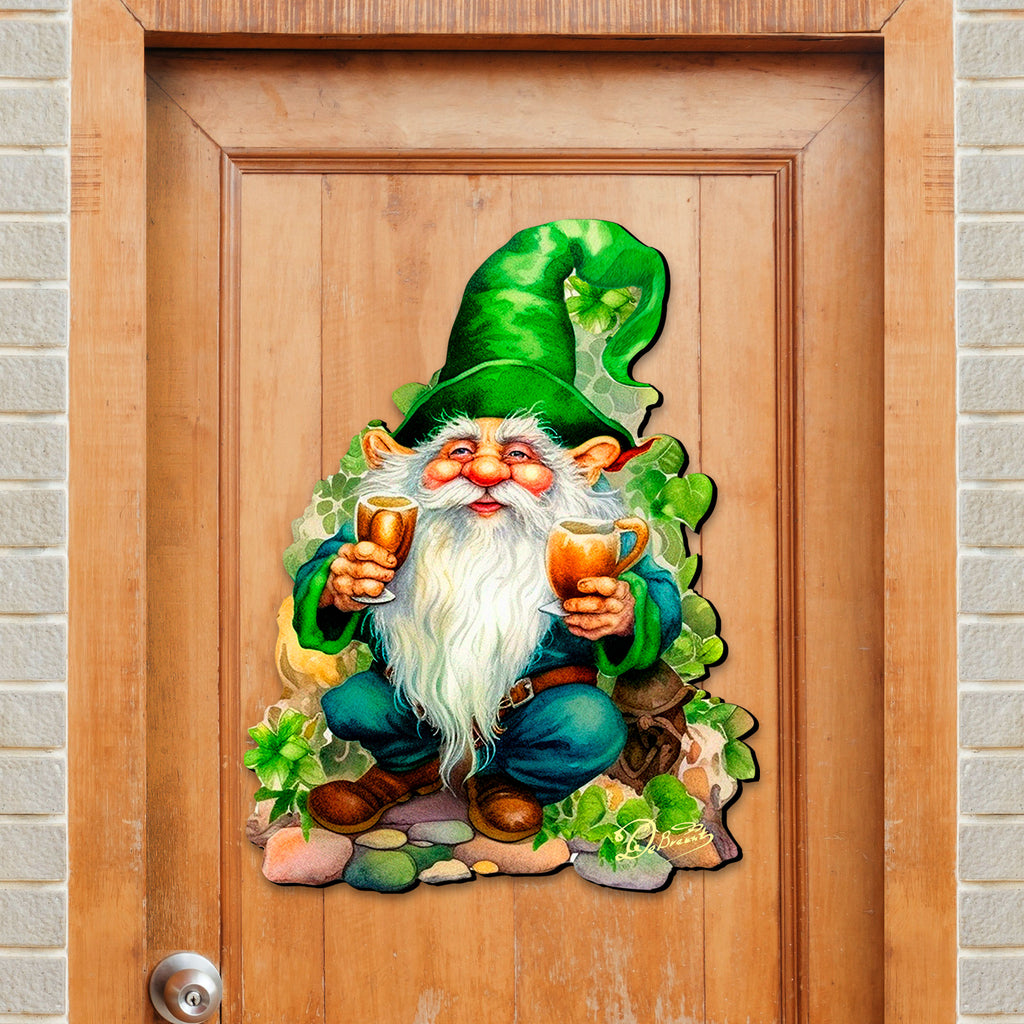 St. Patrick’s Day Gnome Door Hanger – Irish Leprechaun Green Door Decor – Handcrafted Wooden Holiday Wall Art by G. DeBrekht – 8652778H