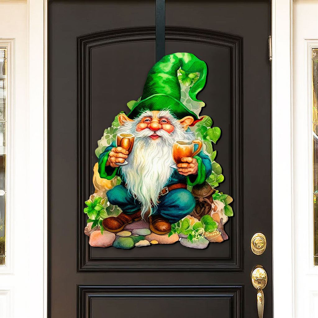 St. Patrick’s Day Gnome Door Hanger – Irish Leprechaun Green Door Decor – Handcrafted Wooden Holiday Wall Art by G. DeBrekht – 8652778H