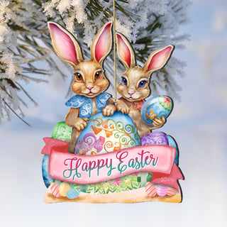Holiday Easter Ornaments, Easter Gifts, Easter Basket Tag - Happy Easter Bunnies Wooden Ornaments by G. Debrekht Easter Spring Décor - 8652782