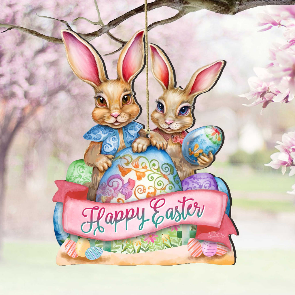 Holiday Easter Ornaments, Easter Gifts, Easter Basket Tag - Happy Easter Bunnies Wooden Ornaments by G. Debrekht Easter Spring Décor - 8652782