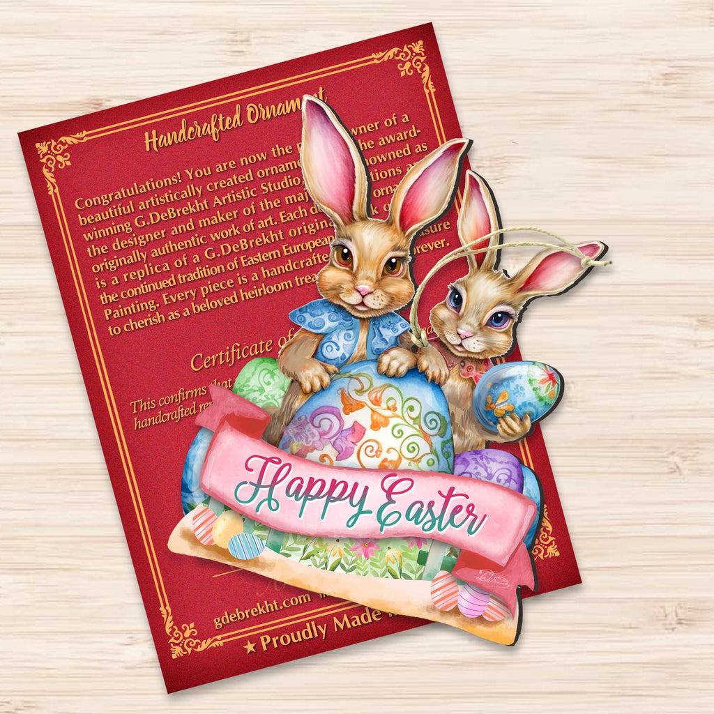Holiday Easter Ornaments, Easter Gifts, Easter Basket Tag - Happy Easter Bunnies Wooden Ornaments by G. Debrekht Easter Spring Décor - 8652782