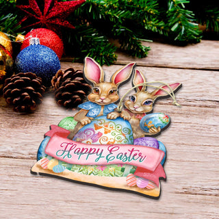 Holiday Easter Ornaments, Easter Gifts, Easter Basket Tag - Happy Easter Bunnies Wooden Ornaments by G. Debrekht Easter Spring Décor - 8652782