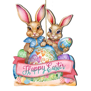 Holiday Easter Ornaments, Easter Gifts, Easter Basket Tag - Happy Easter Bunnies Wooden Ornaments by G. Debrekht Easter Spring Décor - 8652782