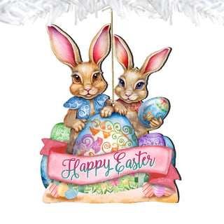Holiday Easter Ornaments, Easter Gifts, Easter Basket Tag - Happy Easter Bunnies Wooden Ornaments by G. Debrekht Easter Spring Décor - 8652782