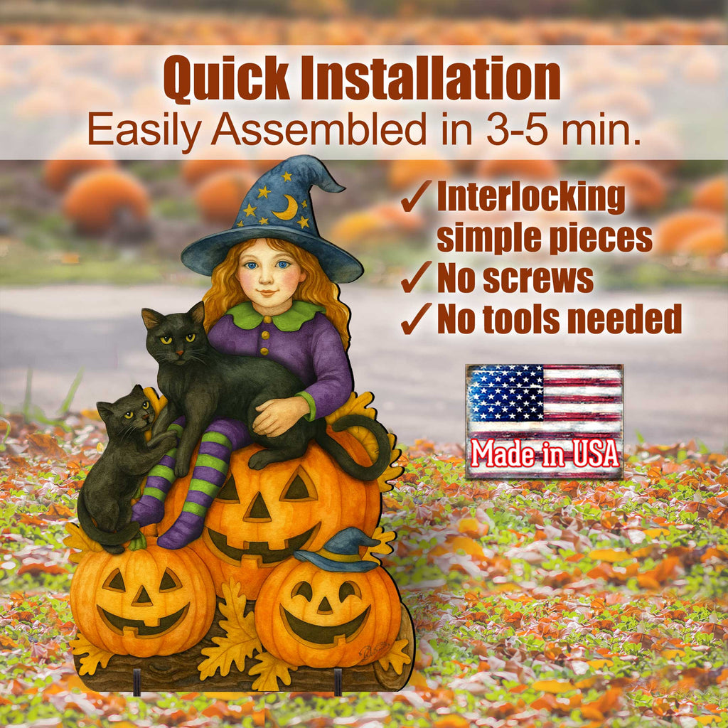 Halloween Witch with Black Cats Freestanding Outdoor Décor – Handcrafted Wooden Yard Display by G. DeBrekht – 8652838F