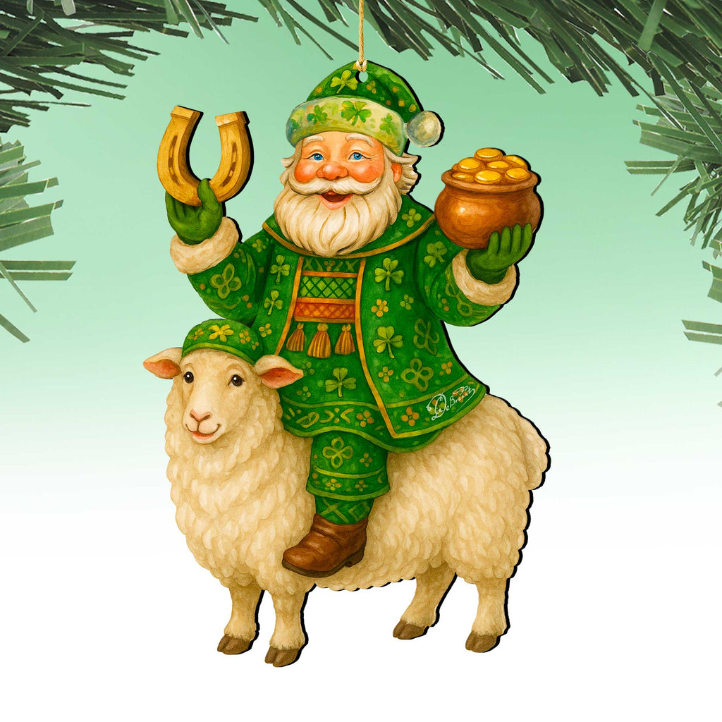 Wooden Irish Santa Ornament – Shamrock Santa on Sheep with Pot of Gold by G. DeBrekht - Christmas Santa Snowman Decor – 8652845
