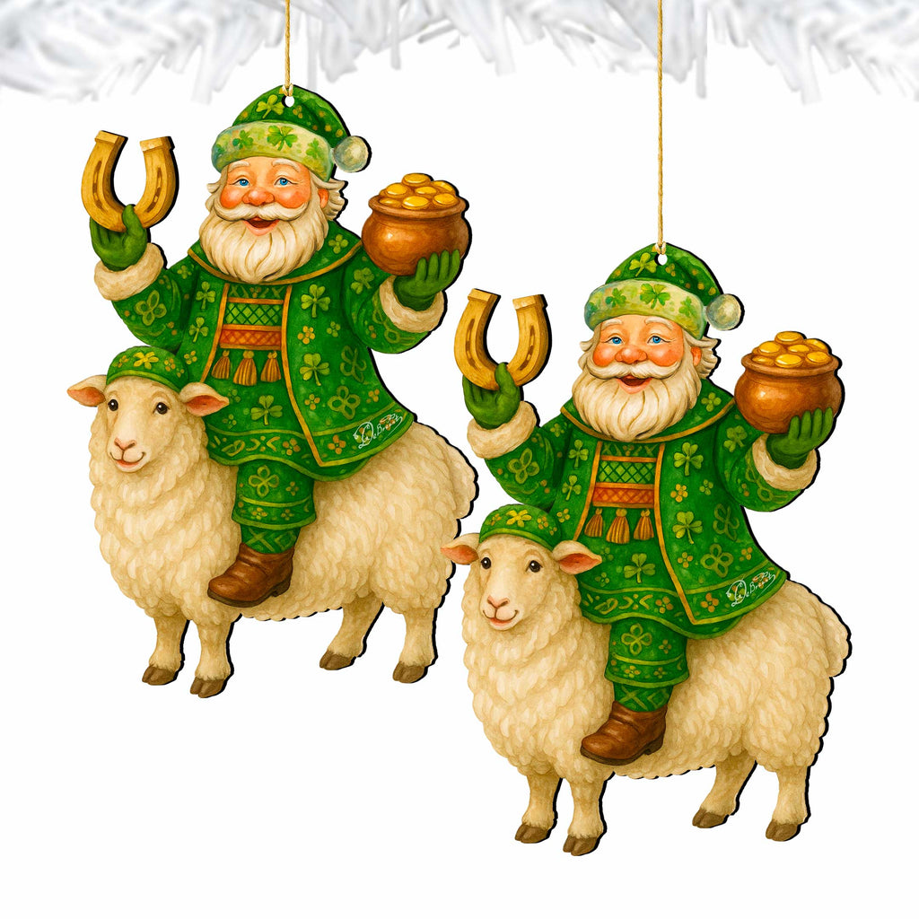 Wooden Irish Santa Ornament – Shamrock Santa on Sheep with Pot of Gold by G. DeBrekht - Christmas Santa Snowman Decor – 8652845