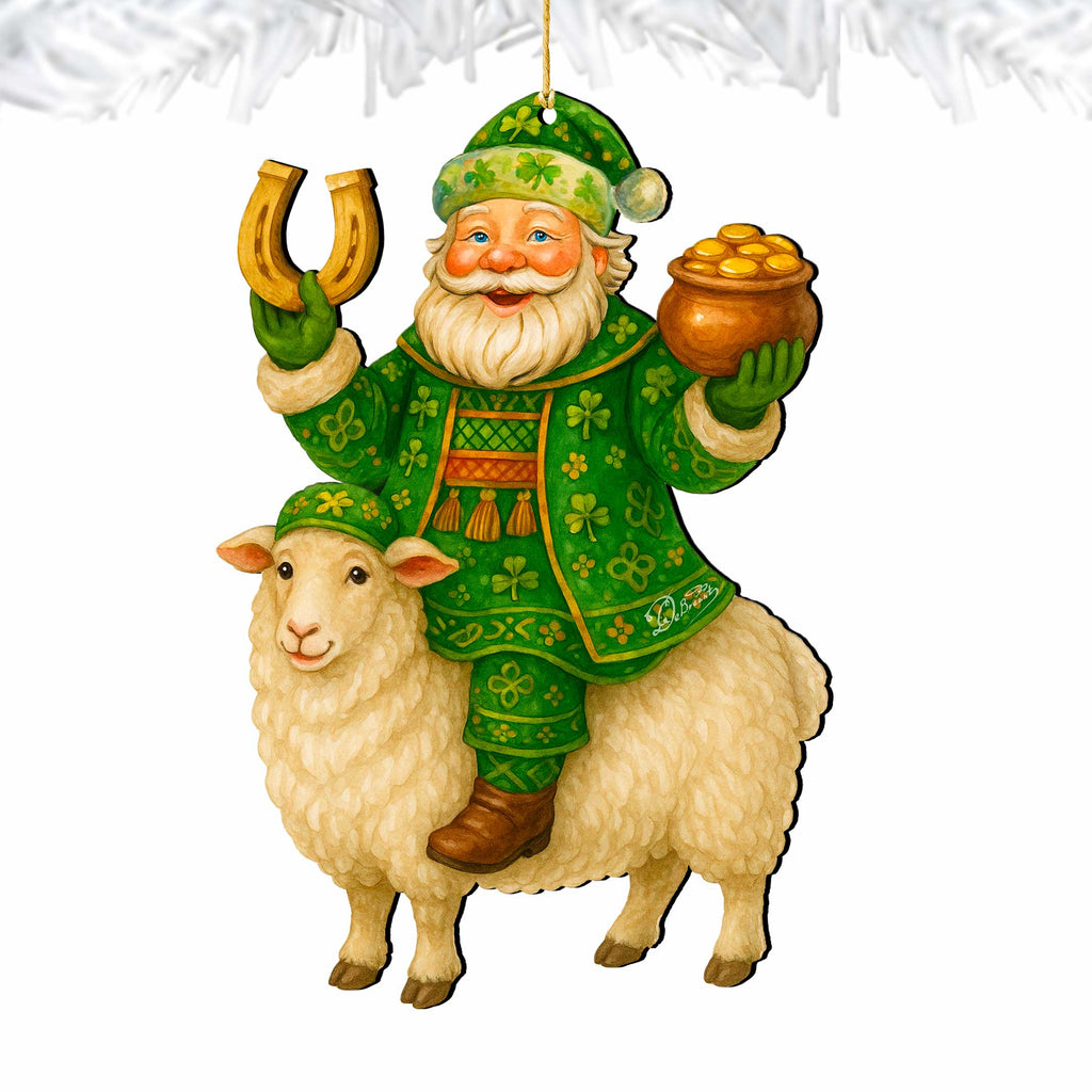 Wooden Irish Santa Ornament – Shamrock Santa on Sheep with Pot of Gold by G. DeBrekht - Christmas Santa Snowman Decor – 8652845