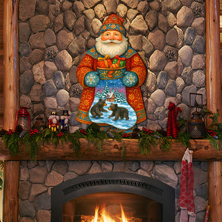 Handcrafted Wooden Santa Door Hanger with Gifts & Bears – Rustic Christmas Holiday Decoration for Front Door by G. DeBrekht - Christmas Santa Snowman Décor – 8652845H