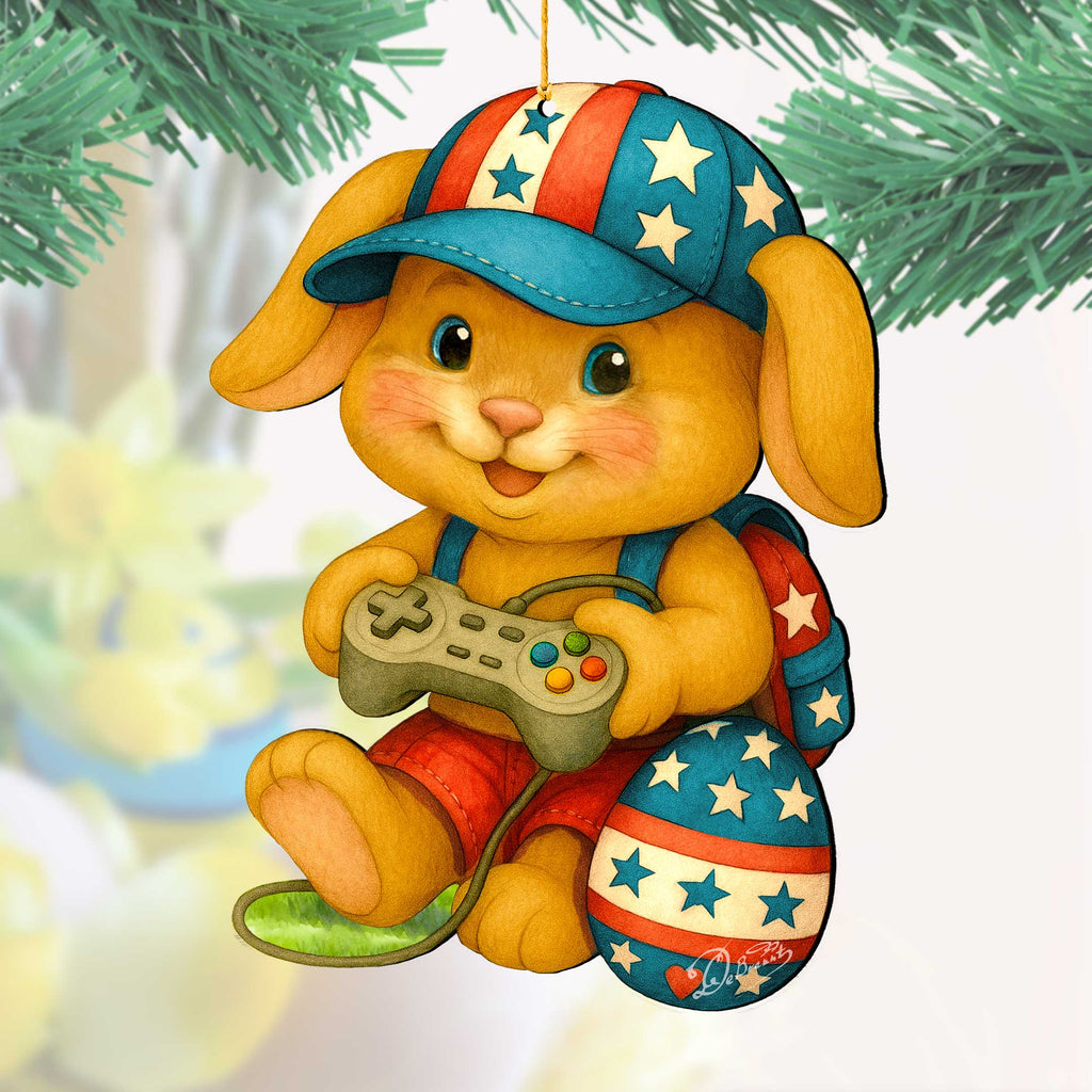 Patriotic Bunny Gamer Wooden Ornaments - Easter Spring Decoration - Easter Gift by G. Debrekht - 8652856