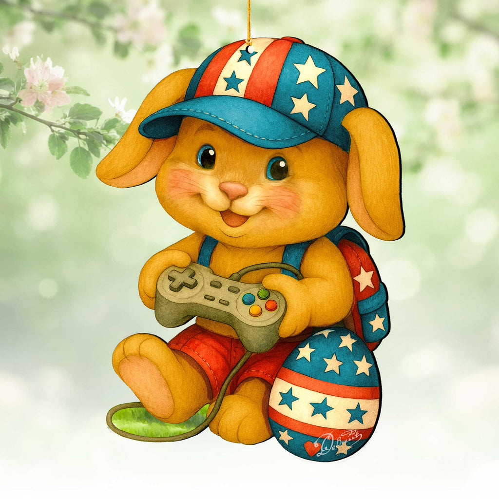 Patriotic Bunny Gamer Wooden Ornaments - Easter Spring Decoration - Easter Gift by G. Debrekht - 8652856