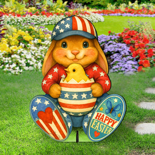 Patriotic Easter Bunny Garden Décor – Handcrafted Wooden Bunny with Chick - Easter Porch & Yard Decoration by G. Debrekht - 8652857F