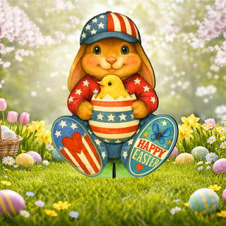 Patriotic Easter Bunny Garden Décor – Handcrafted Wooden Bunny with Chick - Easter Porch & Yard Decoration by G. Debrekht - 8652857F