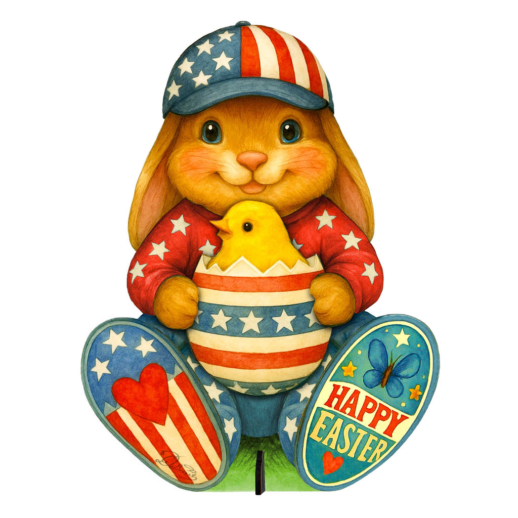 Patriotic Easter Bunny Garden Décor – Handcrafted Wooden Bunny with Chick - Easter Porch & Yard Decoration by G. Debrekht - 8652857F