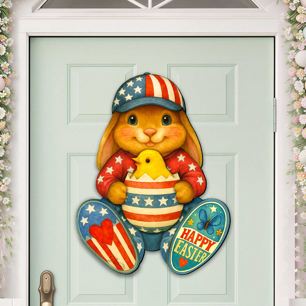 Patriotic Easter Bunny Door Hanger with Chick – Handcrafted Wooden Spring Door Décor by G. Debrekht - 8652857H