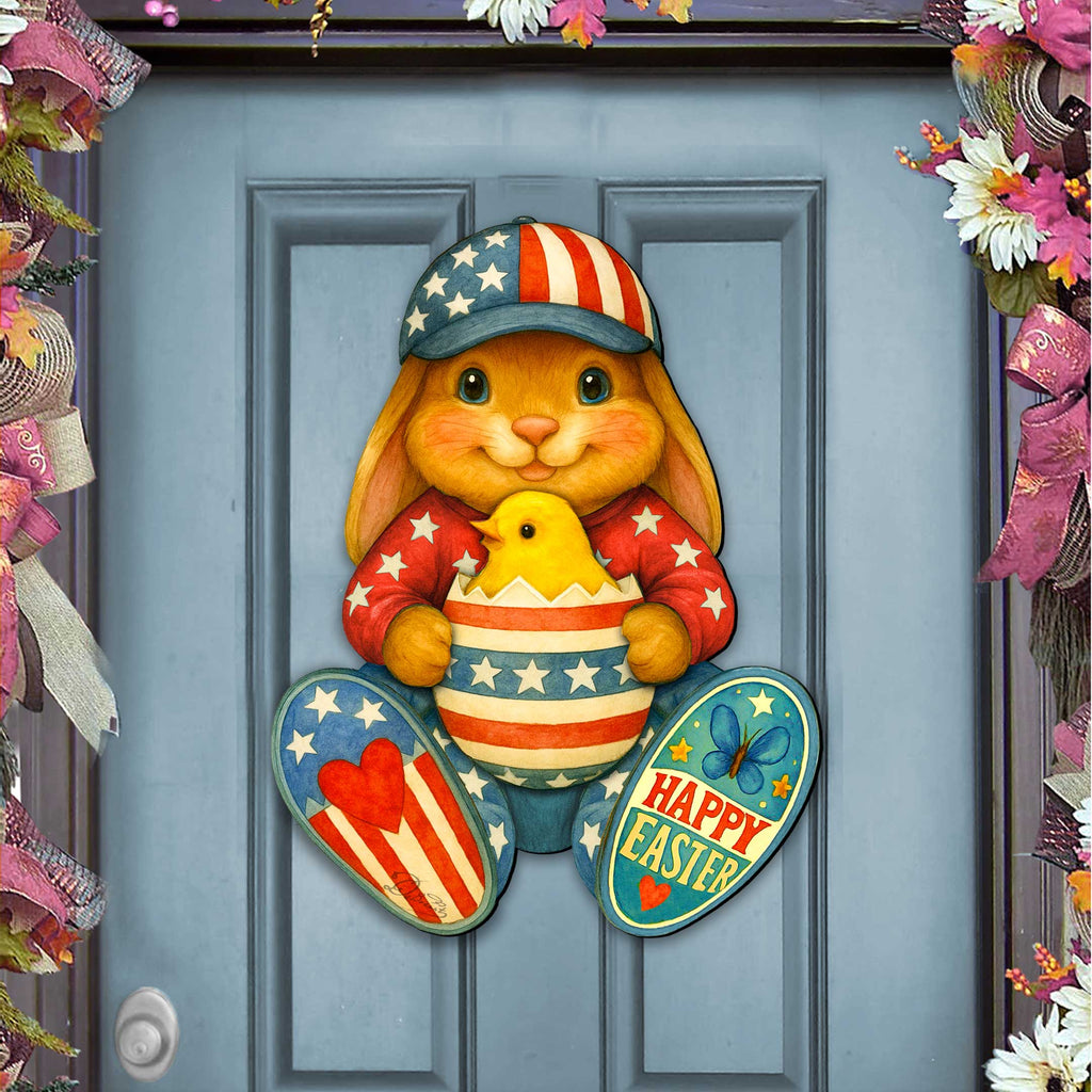 Patriotic Easter Bunny Door Hanger with Chick – Handcrafted Wooden Spring Door Décor by G. Debrekht - 8652857H
