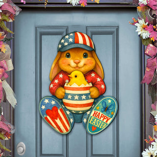 Patriotic Easter Bunny Door Hanger with Chick – Handcrafted Wooden Spring Door Décor by G. Debrekht - 8652857H