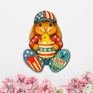 Patriotic Easter Bunny Door Hanger with Chick – Handcrafted Wooden Spring Door Décor by G. Debrekht - 8652857H