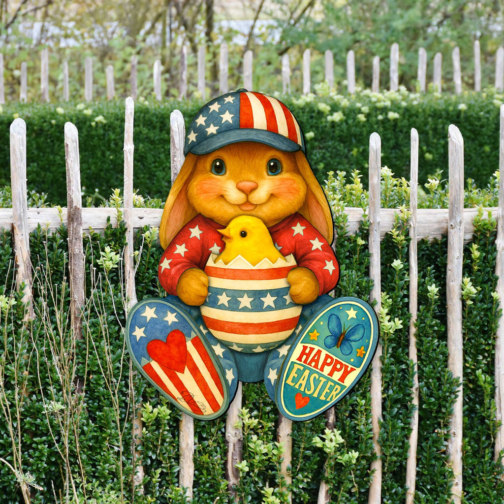 Patriotic Easter Bunny Door Hanger with Chick – Handcrafted Wooden Spring Door Décor by G. Debrekht - 8652857H
