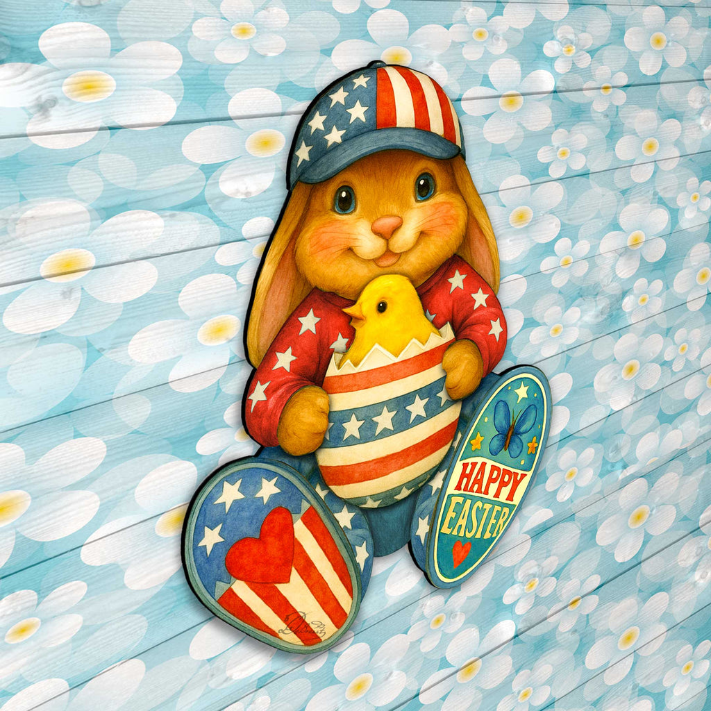 Patriotic Easter Bunny Door Hanger with Chick – Handcrafted Wooden Spring Door Décor by G. Debrekht - 8652857H